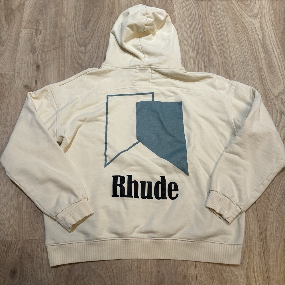 RHUDE Track Print Hoodie Sweatshirt Cream White Size L Large Streetwear